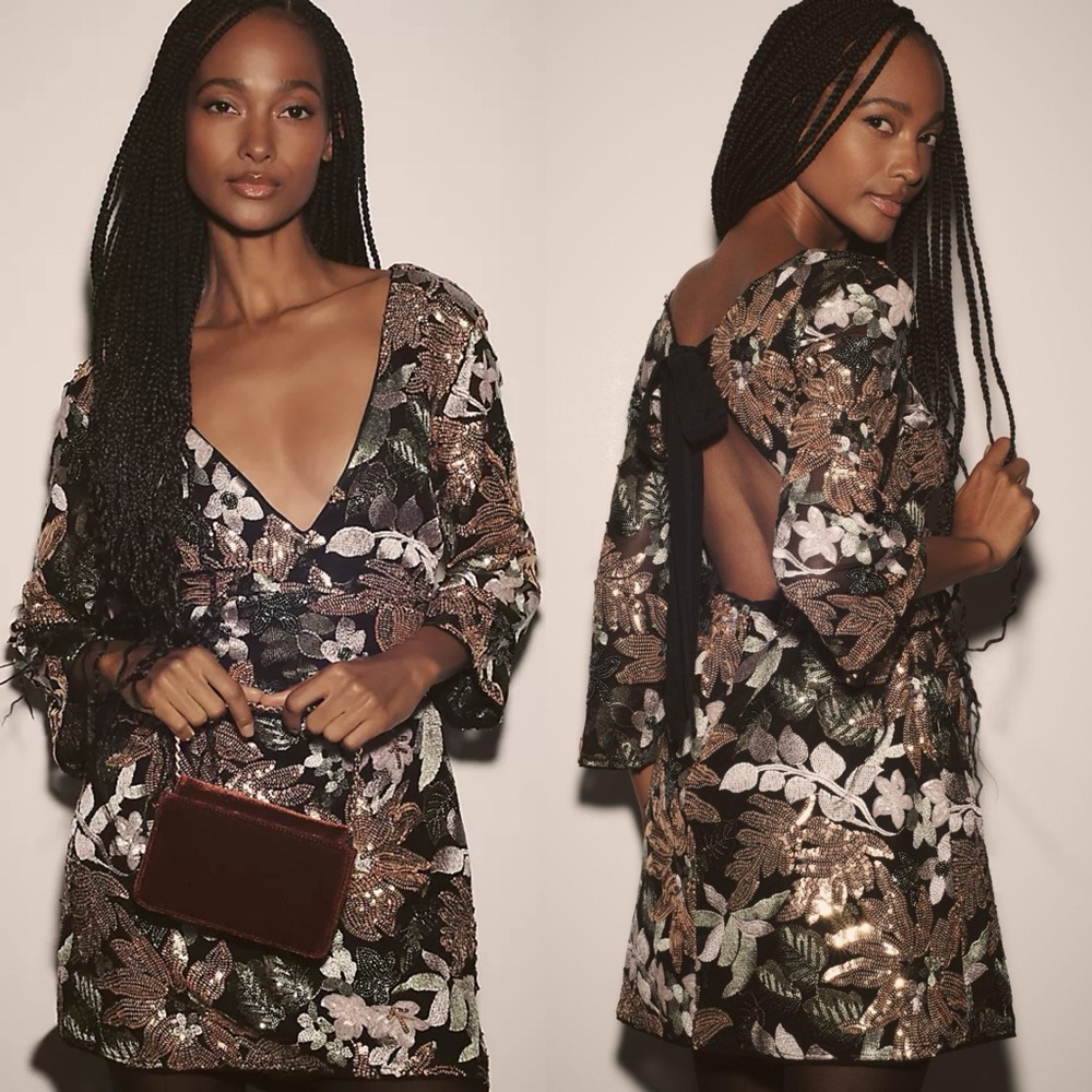 Anthropologie / NWT V-Neck Floral Sequin Mini Dress
